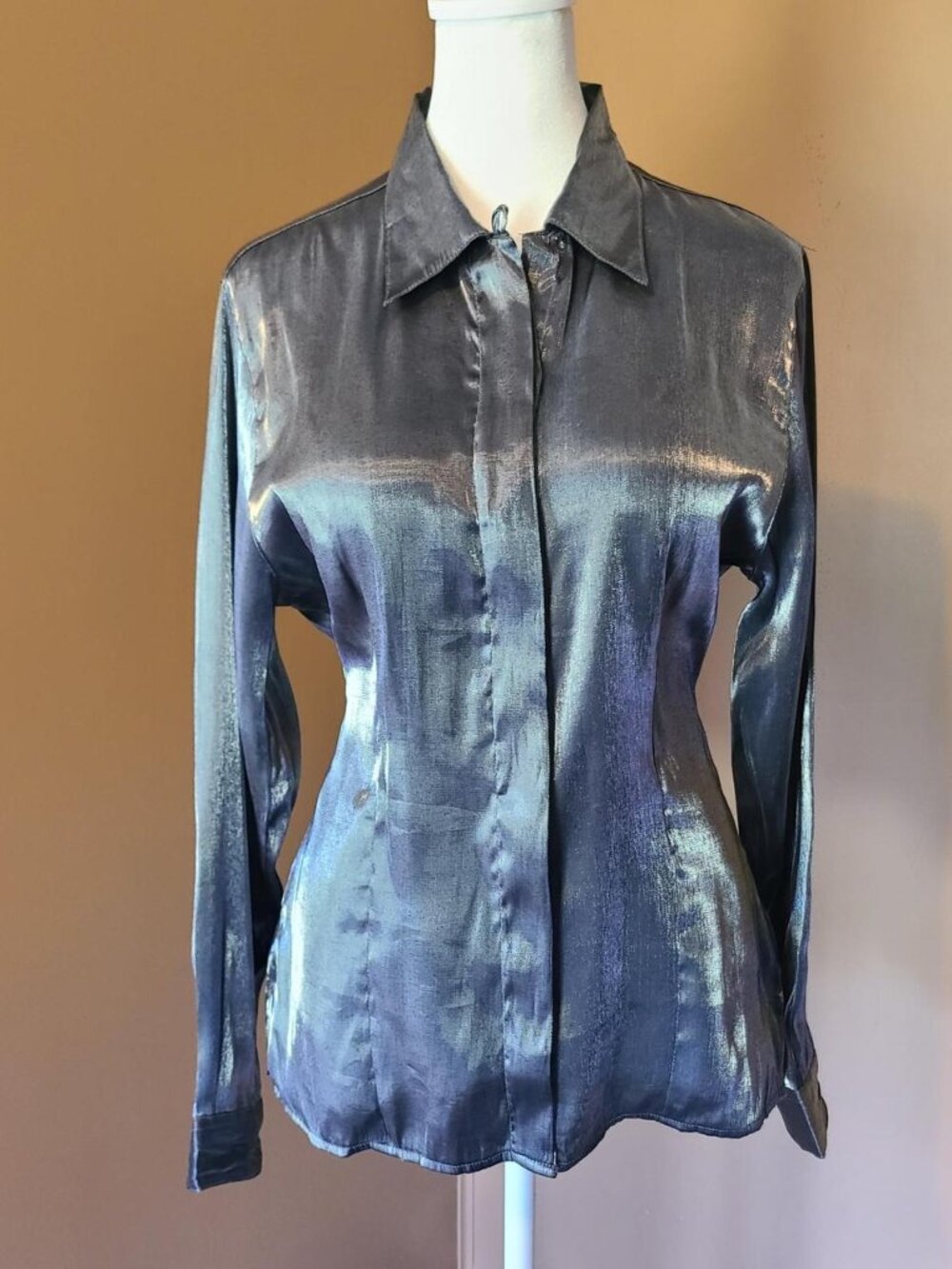 Vtg 90s Cyber Y2K Liquid Metallic Shimmer Clubwear Button Down Blouse Silver S